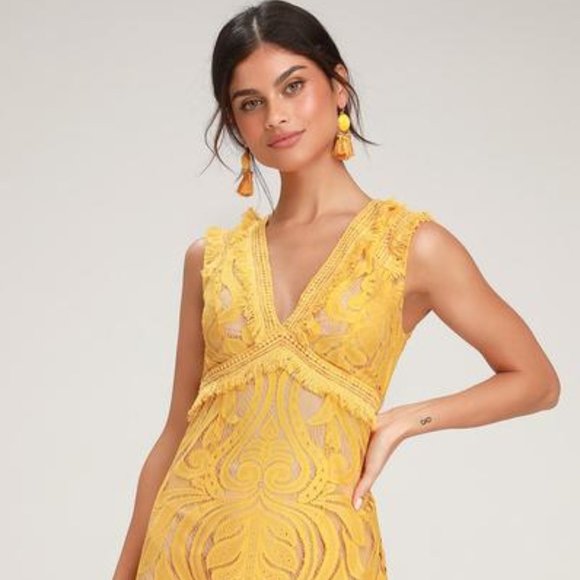 NEW Lulus Michi Golden Yellow Lace Mini Dress - Picture 1 of 4